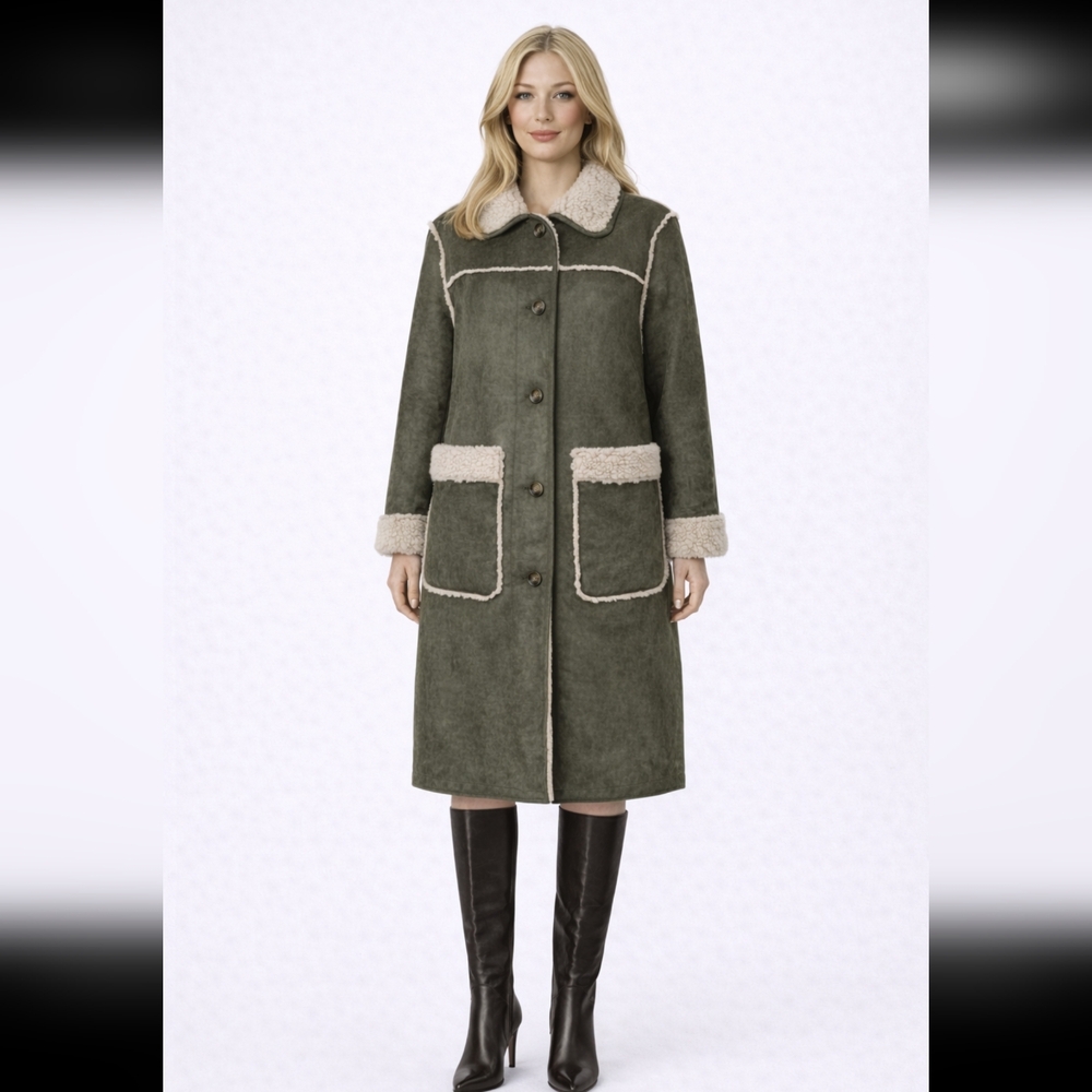 Michael Michael Kors Faux Shearling Coat Olive Hazelnut Warm Winter Size L
